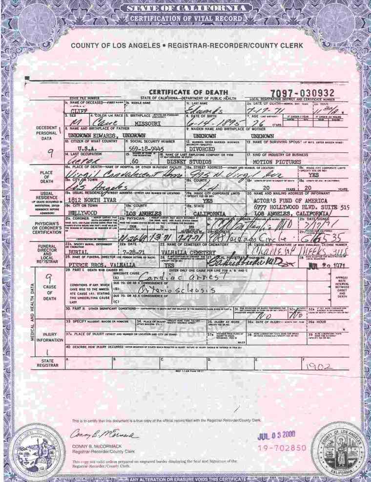 Click to see Cliff Edward's death certificate