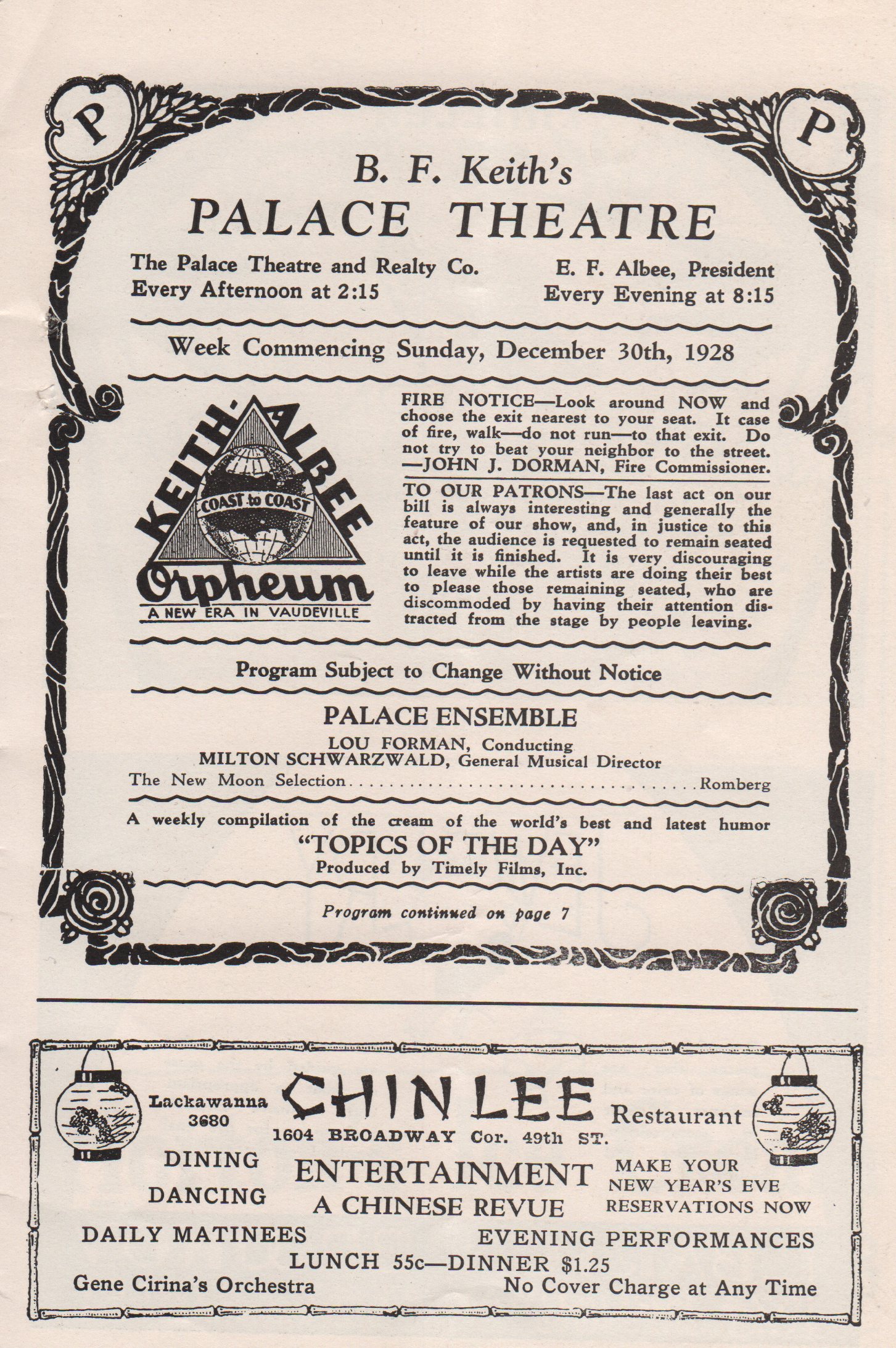 B. F. Keith’s Palace Theatre, NYC (1928)-Program