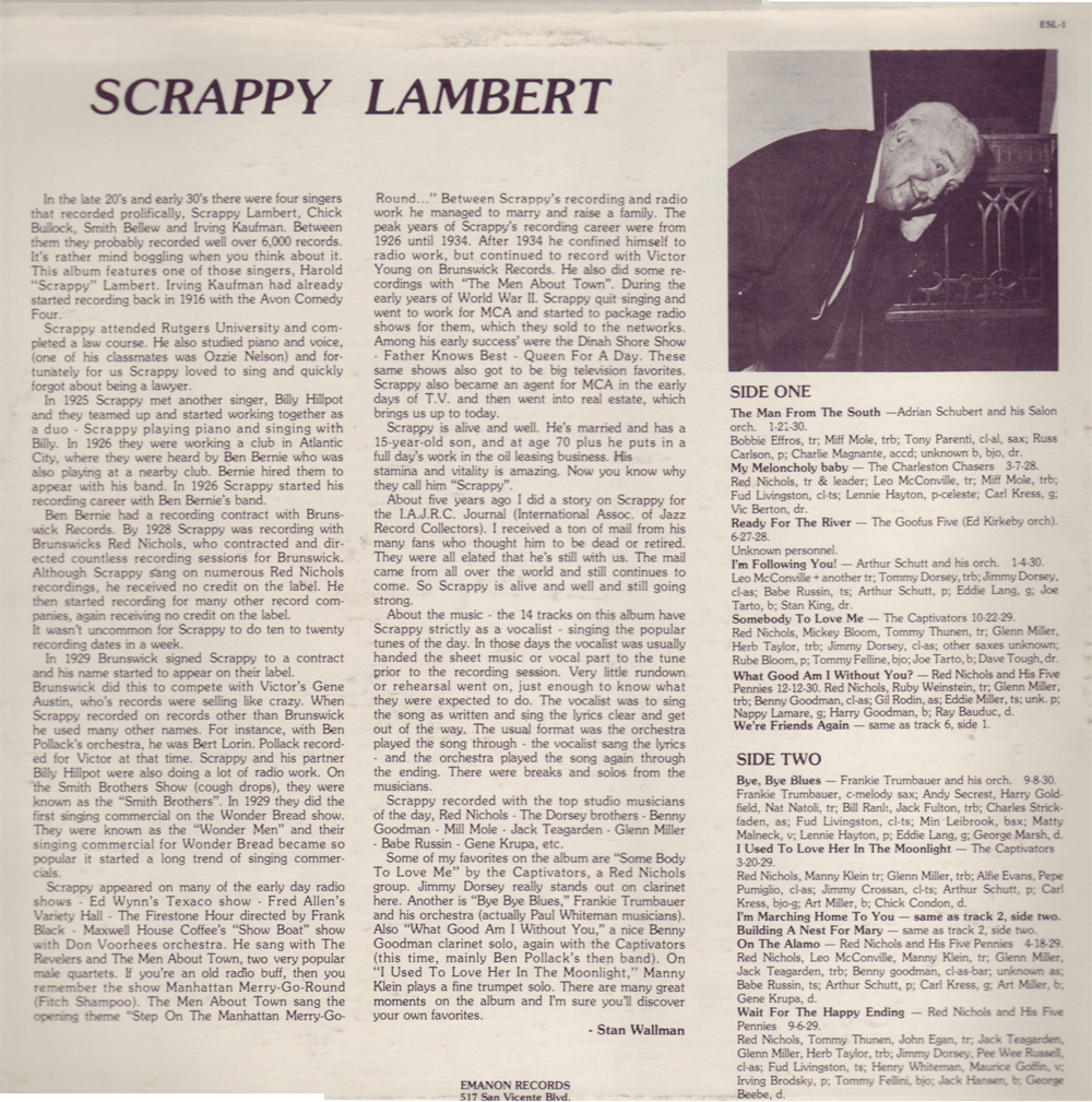 Scrappy Lambert LP Back (ESL1, Emanon Records) - 1978
